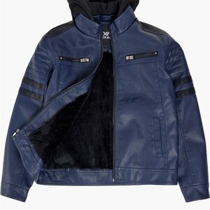 Children's Navy Faux Leather Jacket with Hood